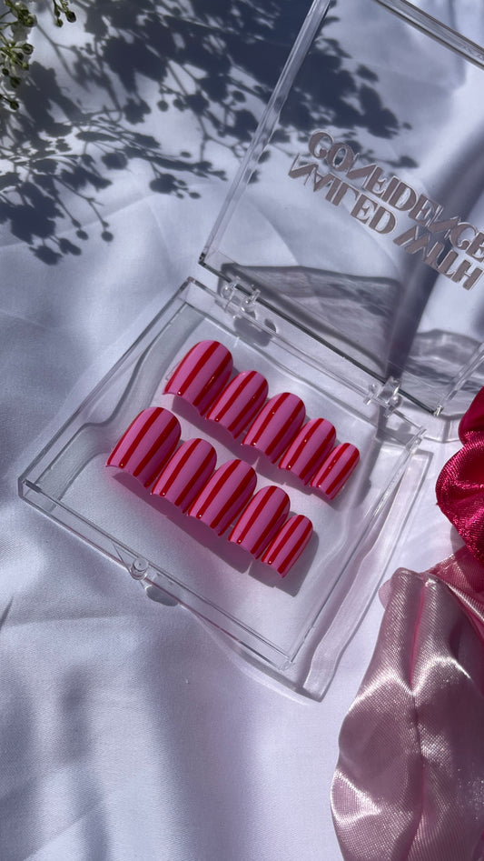 Pink and Red stripe press on nails